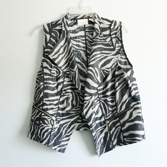 Chico's Medium Zebra Foiled Linen Blend Vest Black White Animal Print Festival - Picture 2 of 8